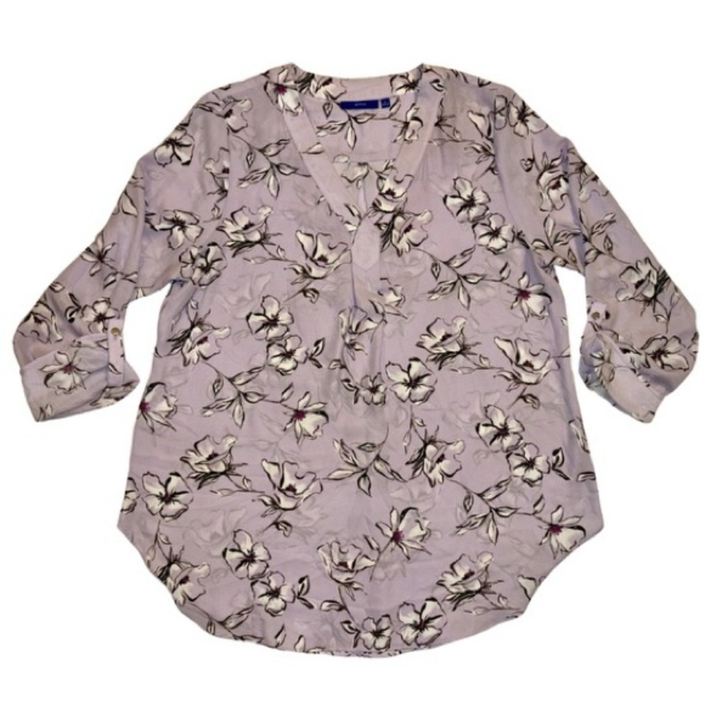 APT.9 LILAC FLORAL V NECK 3/4 FULL TAB SLEEVE BLOUSE SIZE L